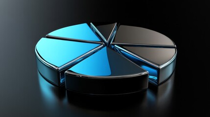 Leinwandbilder - A minimalist pie chart with metallic segments in blue tones, on a reflective black background, with a subtle light effect to add depth