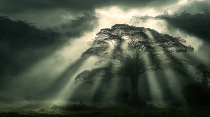 Wall Mural - Majestic Tree Silhouetted Against Dramatic Light Rays in Forest