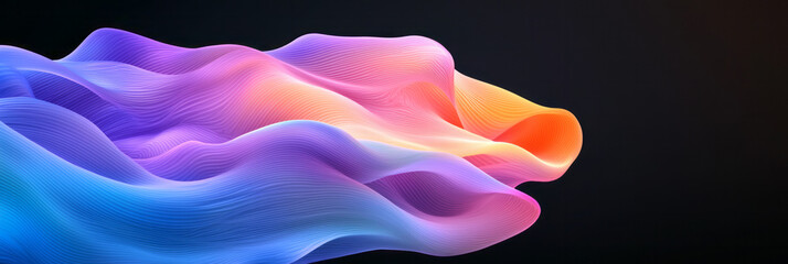 Poster - A futuristic abstract design showcasing intricate waves in neon blue and purple gradients, illuminated against a black backdrop,