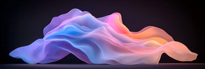 Fototapete - A serene abstract wave scene featuring soft neon blue and purple gradients gently undulating across a minimalist black background,