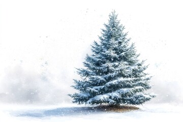 Wall Mural - snowy christmas tree standing in a snowy field during a snowfall