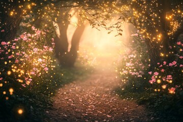 Wall Mural - Enchanted forest path with glowing magical fairy lights and flowers, a fantasy backdrop