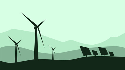 illustration of green energy with wind turbine and solar panel. vector illustration of renewable ene
