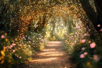 Wall Mural - Enchanted forest path with glowing magical fairy lights and flowers, a fantasy backdrop