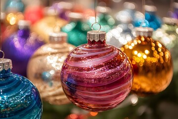 Wall Mural - colorful christmas balls hanging, creating festive atmosphere