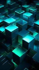 Wall Mural - Digital technology blue and green cube engineering poster background