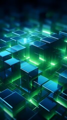 Wall Mural - Digital technology blue and green cube engineering poster background