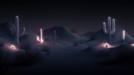 Wall Mural - a desert scene with a few cacti lit up in the dark