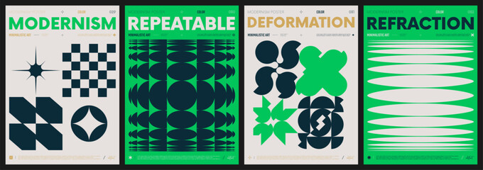 Leinwandbilder - Modern abstract artwork collection, vector minimalistic posters with geometric shapes, brutalism style inspired graphic, bold Y2k futuristic aesthetic, form distortion effect, color set 8