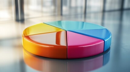 Poster - A vibrant pie chart with segments in various colors, each part slightly separated, set on a reflective white surface for a dynamic financial look