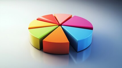 Poster - A vibrant pie chart with segments in various colors, each part slightly separated, set on a reflective white surface for a dynamic financial look