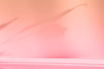 Fototapete - Abstract pink color gradient studio background for product presentation. Empty room with shadows of flowers and plant leaves. 3d orange room with copy space. Summer concept. Blurred backdrop