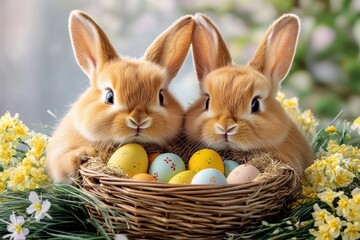 A cheerful Easter bunny holding a wicker basket filled with colorful eggs, surrounded by blooming flowers and spring grass. Generative AI