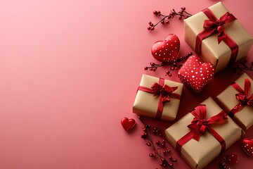 Valentine's day gift ideas featuring red ribbons and heart decorations romantic setting gift presentation celebration concept