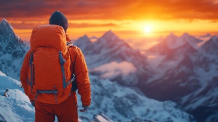 Poster - Hiker admires sunset over snowy mountain range.