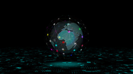 Wall Mural - blue technology icon and hexagon shape with earth sphere rotation on futuristic abstract background 