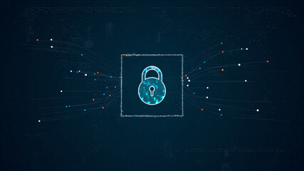 Wall Mural - blue digital security key logo with particles dot spread on abstract background with network firewal