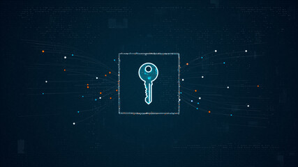 Wall Mural - blue digital security key logo with particles dot spread on abstract background with network firewal