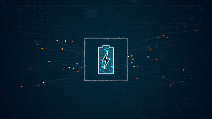 Canvas Print - blue digital battery logo with particles dot spread on abstract background with power reserve concep