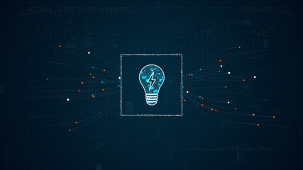 Wall Mural - blue digital lamp logo with particles dot spread on abstract background with light bulb and ideas co