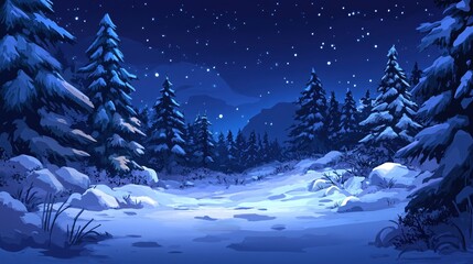 Wall Mural - Serene Winter Night in a Snowy Forest Peaceful Blue Hues Cold Night Landscape