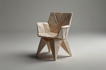 A modern angular chair crafted from folded cardboard giving it a unique origami like appearance