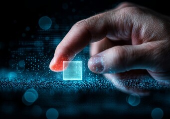 A businessman interacts with a button on a digital screen