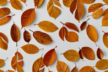 Wall Mural - autumnal leaves scattered on a white surface