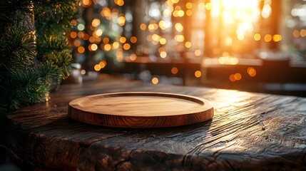 Fototapete - A natural wooden plate resting on a weathered textured table surrounded by a warm golden bokeh glow in a cozy rustic countryside bar setting  The image exudes a sense of coziness comfort