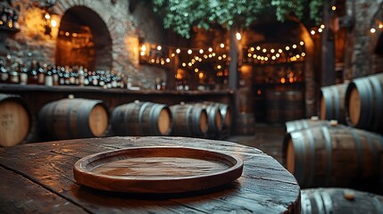 Fototapete - A cozy rustic countryside bar setting with a wooden plate in the foreground complemented by vintage barrels and dim lighting creating a warm and atmospheric ambiance