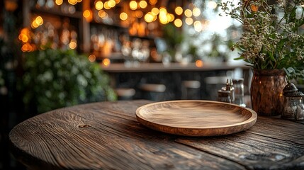 Fototapete - A natural wooden plate rests on a textured table in the foreground surrounded by a dreamy soft bokeh glow that creates a warm cozy atmosphere in a countryside bar setting