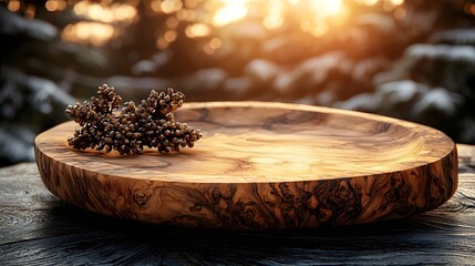 Poster - A side positioned wooden plate with rich natural textures highlighted by a warm and gentle bokeh glow creating a serene and inviting backdrop for product photography