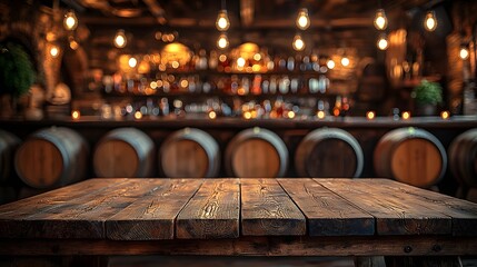 Fototapete - A warm and cozy countryside bar featuring a wooden table in the foreground surrounded by barrels and a soft inviting lighting setup