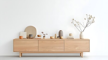 Aufkleber - A sleek and minimalist wooden cabinet featuring a curated display of decorative accents set against a clean white wall backdrop in a modern living room design
