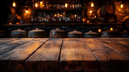 Fototapete - A weathered wooden table with visible grain texture set against a rustic countryside bar background featuring old barrels and dim warm lighting creating a cozy atmospheric ambiance