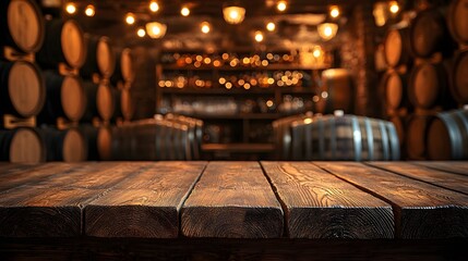 Fototapete - A wooden table with visible grain texture set against a rustic countryside bar background featuring barrels and dim lighting that creates a cozy vintage inspired ambiance  The image showcases a warm