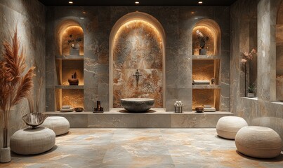 Wall Mural - Serene spa: stone, arches, bowl, seating.