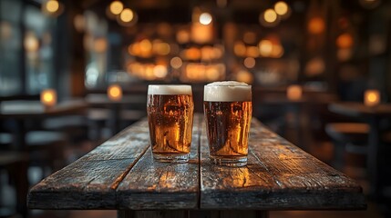 Poster - Atmospheric rustic bar scene with a weathered wooden table in the foreground and warm blurred tones in the background creating a cozy and intimate ambience for socializing and enjoying drinks