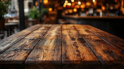 Fototapete - Atmospheric rustic scene featuring a weathered wooden table in the foreground of a cozy bar or pub setting with warm tones and a blurred background creating a relaxing intimate ambiance