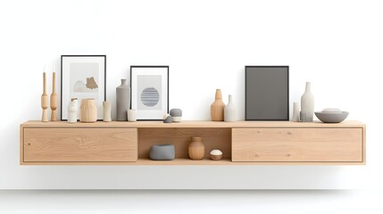 Aufkleber - Beautifully designed modern living room featuring a wooden cabinet adorned with a curated selection of decorative accessories and art pieces against a clean white wall backdrop