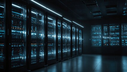 Wall Mural - a cinematic shot of a dark, cutting-edge server facility with glowing lights on racks symbolizing th