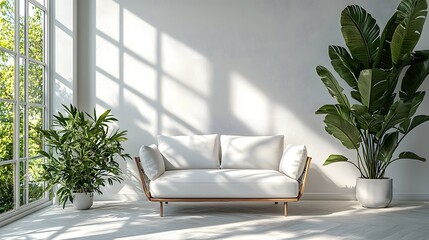 Aufkleber - Bright and airy contemporary minimalist white studio room featuring a stylish and comfortable sofa chair bathed in soft natural sunlight streaming through large windows