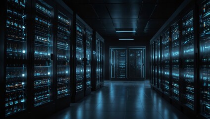 Wall Mural - a cinematic shot of a dark, cutting-edge server facility with glowing lights on racks symbolizing th