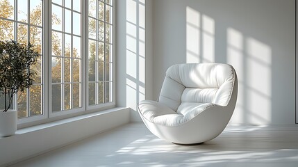 Aufkleber - Bright and airy contemporary studio room with a minimalist white sofa chair bathed in warm natural sunlight streaming through large windows  The clean