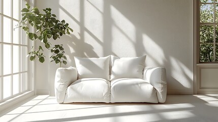 Poster - Bright and airy sunlit studio room featuring a modern minimalist white sofa chair placed at the center showcasing a clean and elegant interior design with soft shadows and a serene calming atmosphere