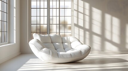 Poster - Bright and Airy Sunlit Minimalist White Studio Room with Plush Modern Sofa Chair Offering a Peaceful and Serene Atmosphere for Relaxation or Creative Work