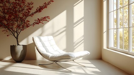 Poster - Bright and clean contemporary studio space with a sleek white sofa chair bathed in natural light streaming through the large window and creating soft calming shadows around the room  The minimalist