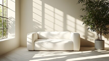Poster - Bright and clean studio space featuring a modern white sofa chair bathed in natural light and surrounded by soft shadows creating a tranquil and inviting atmosphere