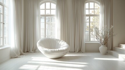 Poster - Bright and Minimalist White Studio Space with Natural Lighting Streaming In Highlighting a Sleek and Comfortable White Sofa Chair as the Focal Point