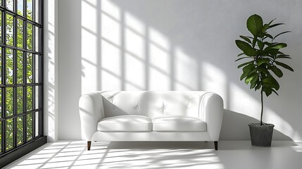 Poster - Bright and serene contemporary studio room with a modern white sofa chair illuminated by natural sunlight streaming through the windows  The minimalist interior design features clean lines